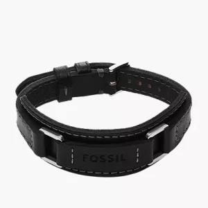 Machine Rugged Stainless Steel and Black Padded Leather Strap Bracelet