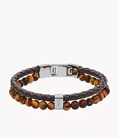 Beaded Tiger-s Eye and Brown Leather Bracelet
