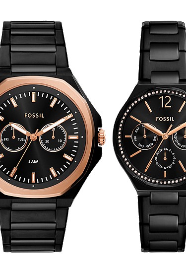 His and Her Multifunction Black Stainless Steel Watch Set