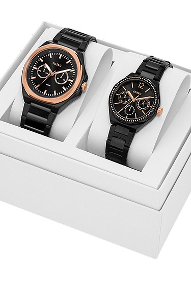 His and Her Multifunction Black Stainless Steel Watch Set - Image 5