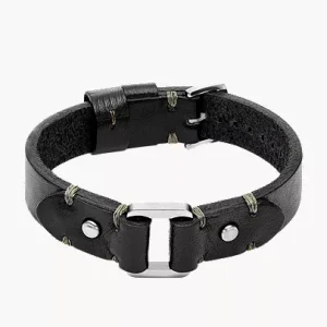 Machine Rugged Stainless Steel and Black Leather Strap Bracelet