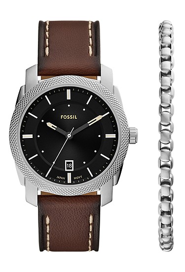 Machine 42mm Three-Hand Date Brown Leather Watch and Bracelet Set