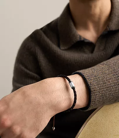 Machine Rondelles Brown Leather Station Bracelet - Image 2