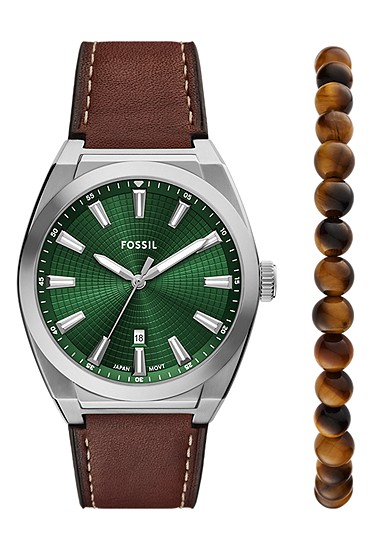 Everett 42mm Three-Hand Date Brown Leather Watch and Bracelet Set