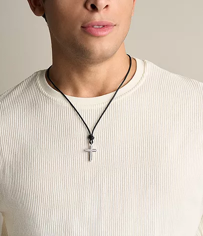Machine Black Leather Cross Pendant Necklace - Image 2